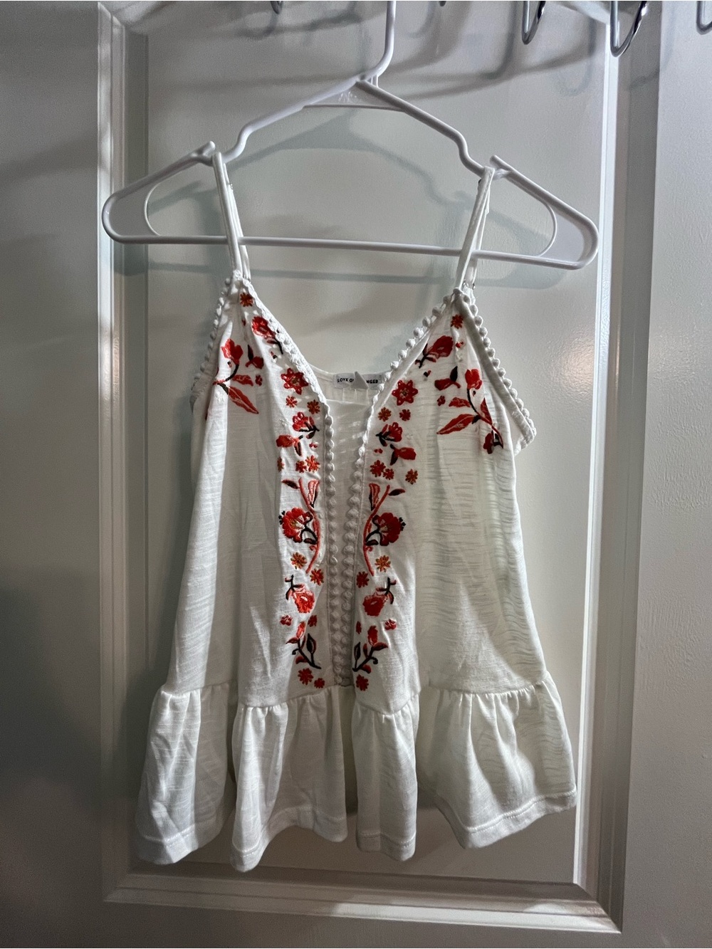 love on a hanger White Camisole with Red Floral Embroidery